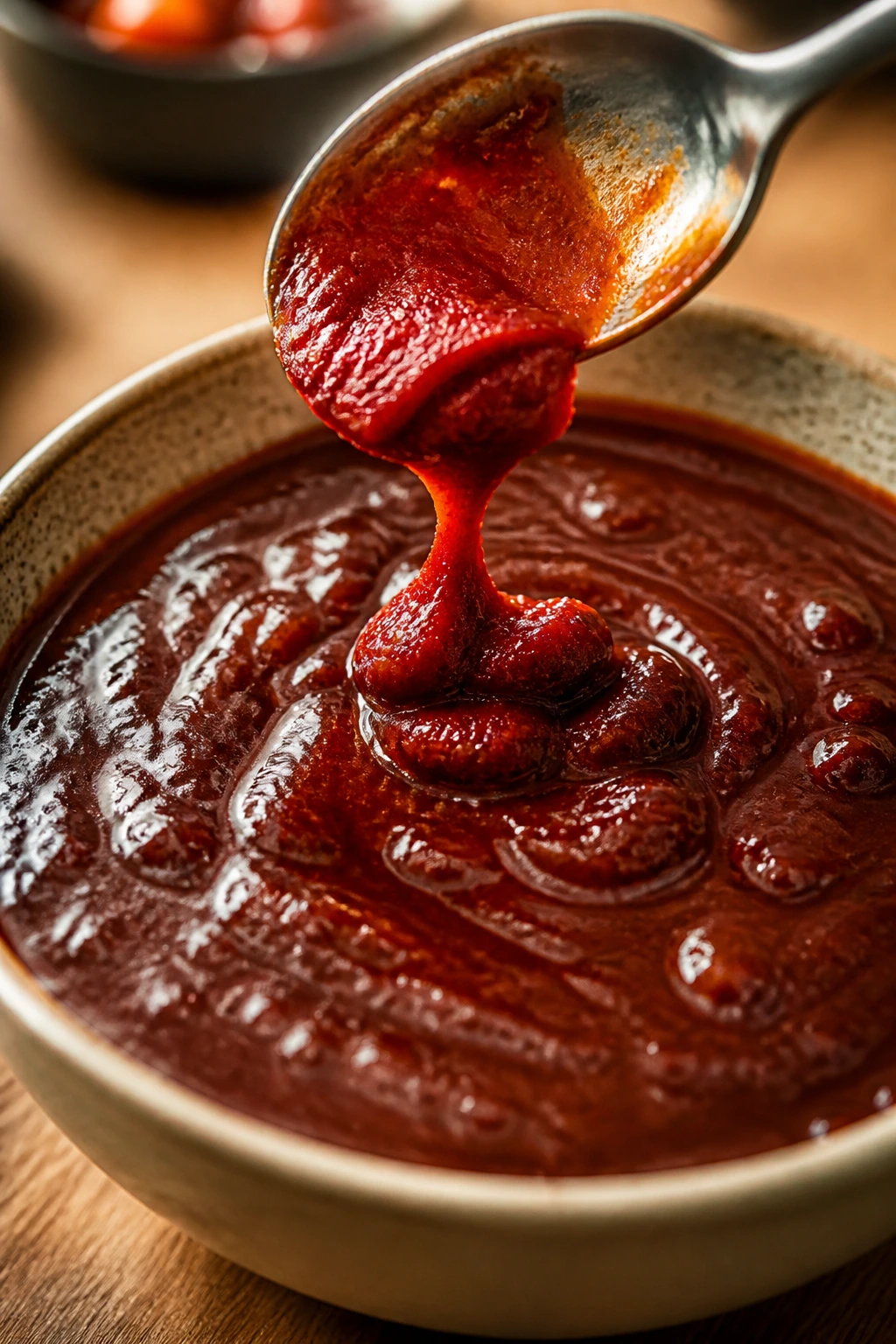 Close-up of tomato paste being stirred into glossy BBQ sauce in a warm kitchen