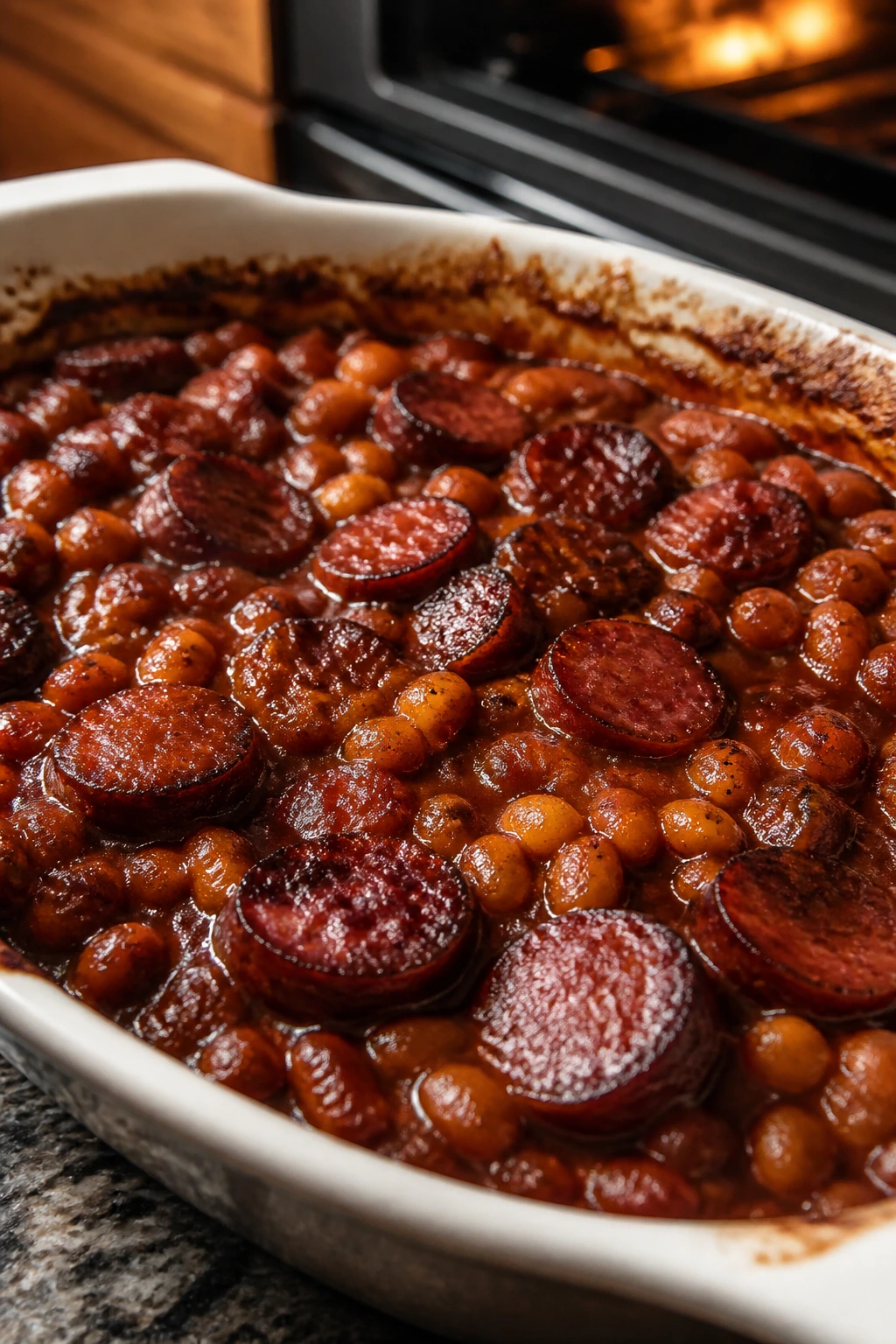 Close-up of BBQ sausage baked beans in a baking dish
