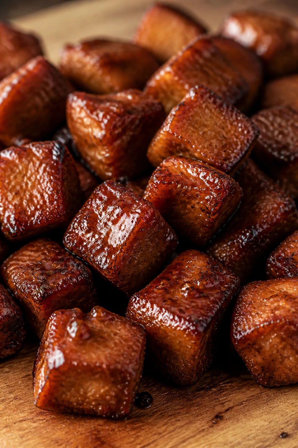 Close-up of BBQ glazed seitan bites on a wooden surface
