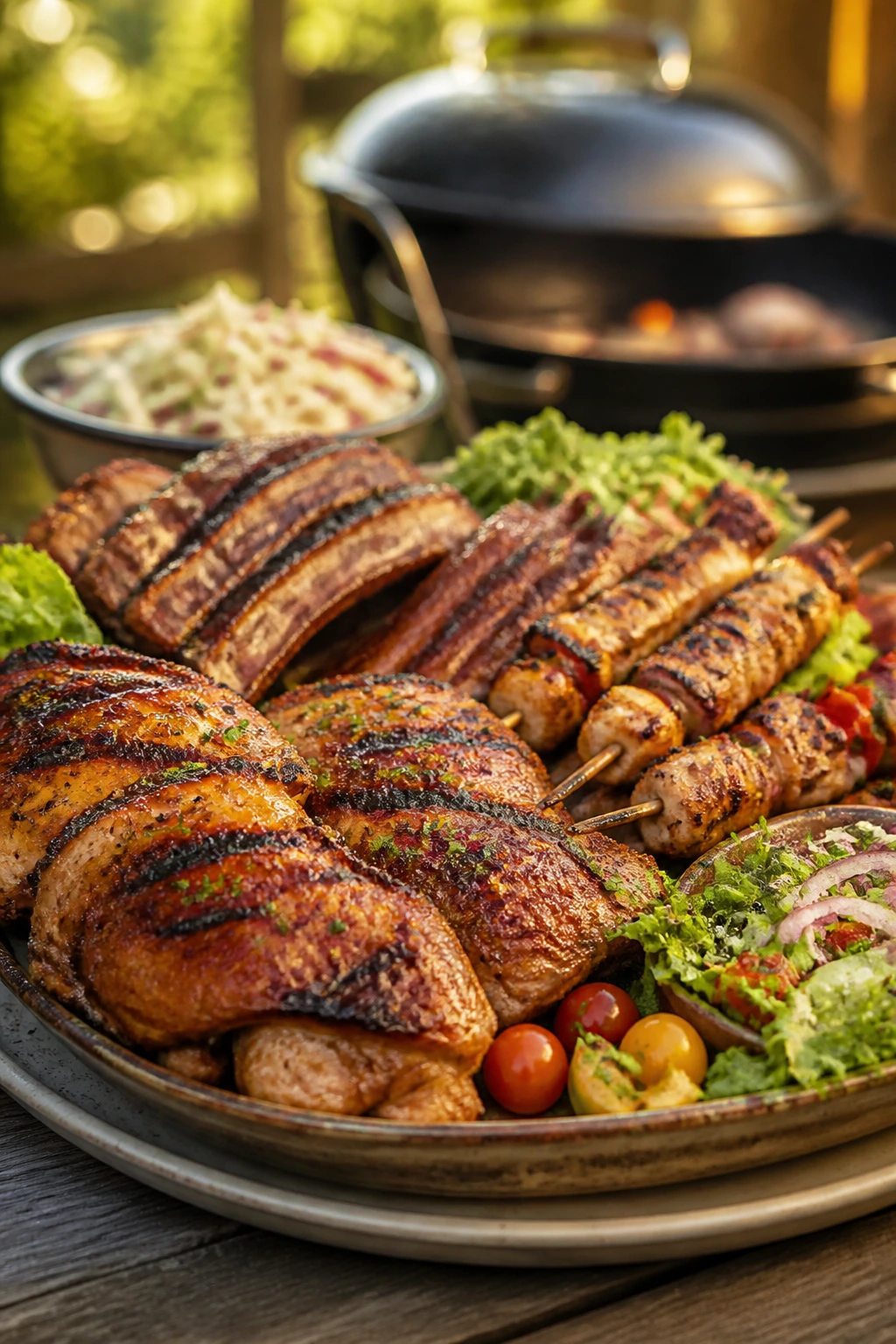 Large serving platter with chicken, ribs, and skewers on an outdoor table, greens visible