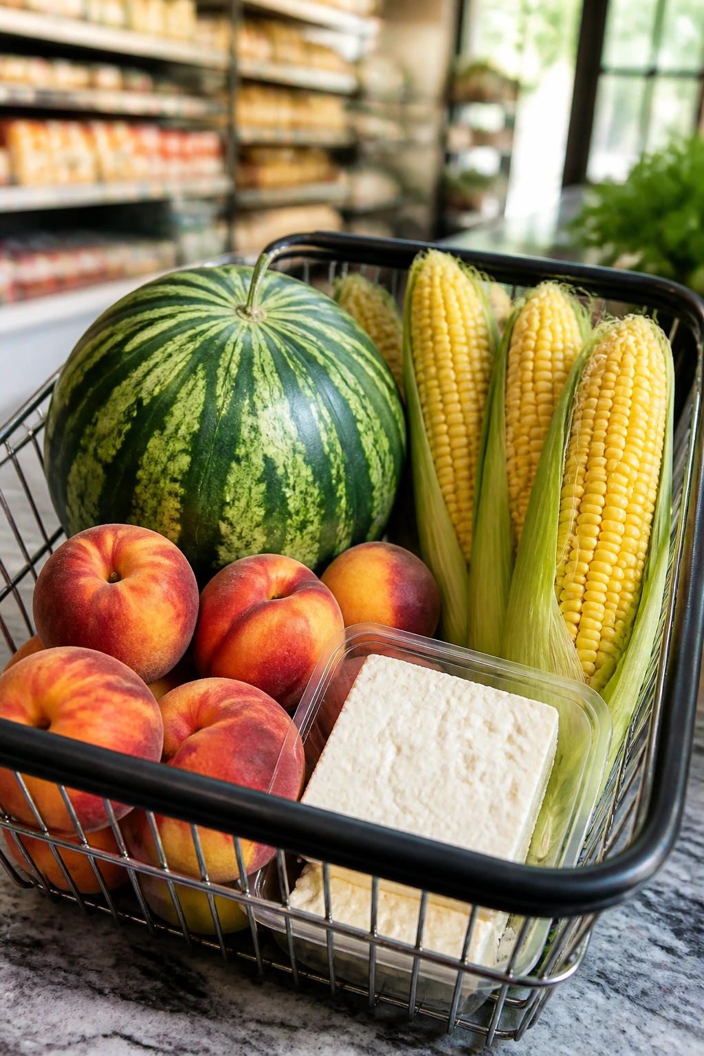 Basket of watermelon, peaches, corn, and feta for BBQ