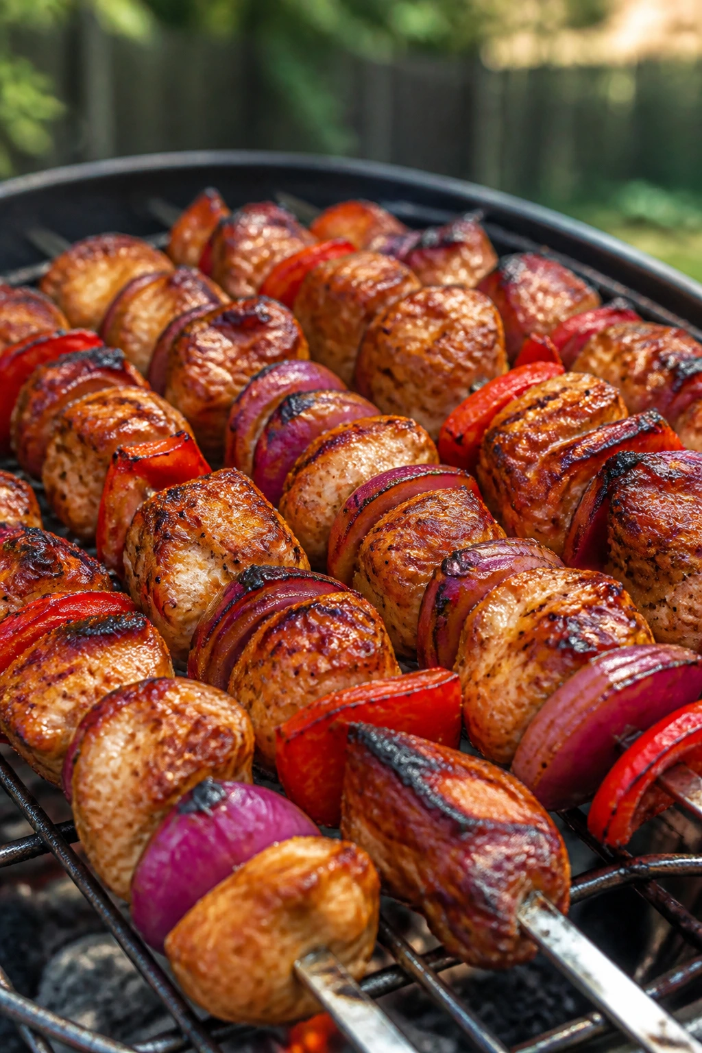 Close-up of skewered chicken with peppers and red onion on a grill outdoors
