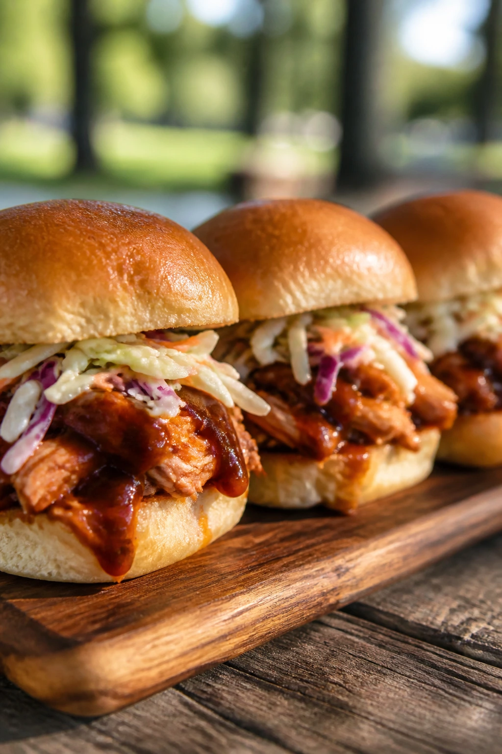 Close-up of BBQ chicken sliders with sauce and slaw on a wooden board.