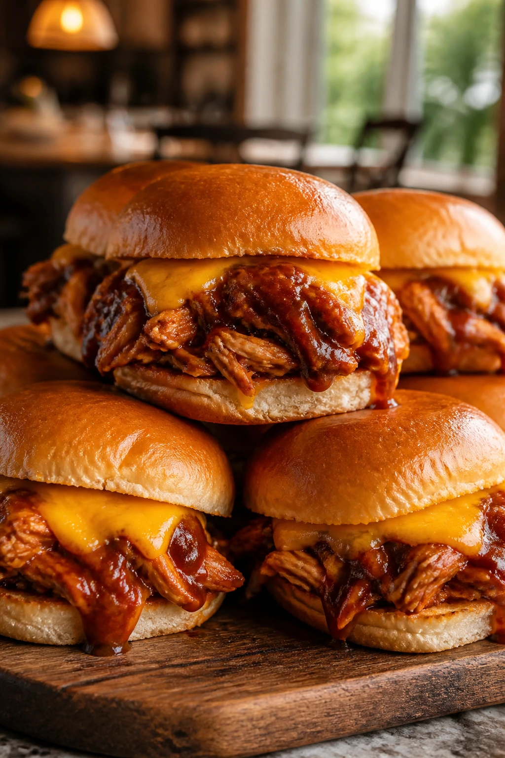Close-up of BBQ chicken sliders on a wooden board