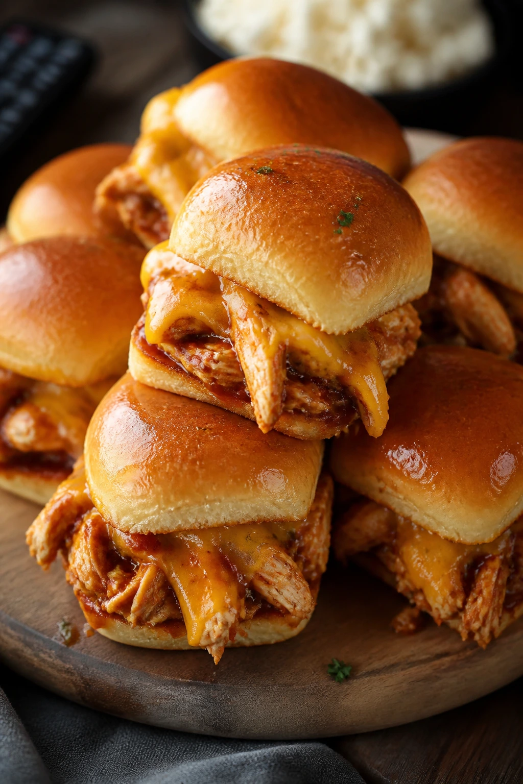 Close-up of BBQ chicken sliders on a wooden board with melted cheese