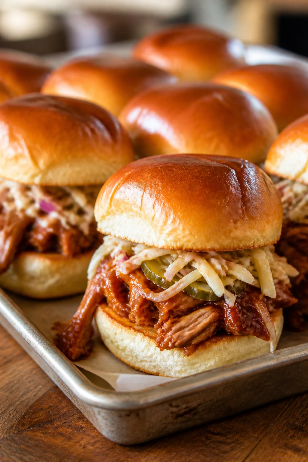 Tray of BBQ chicken sliders with pickle slaw on a kitchen counter