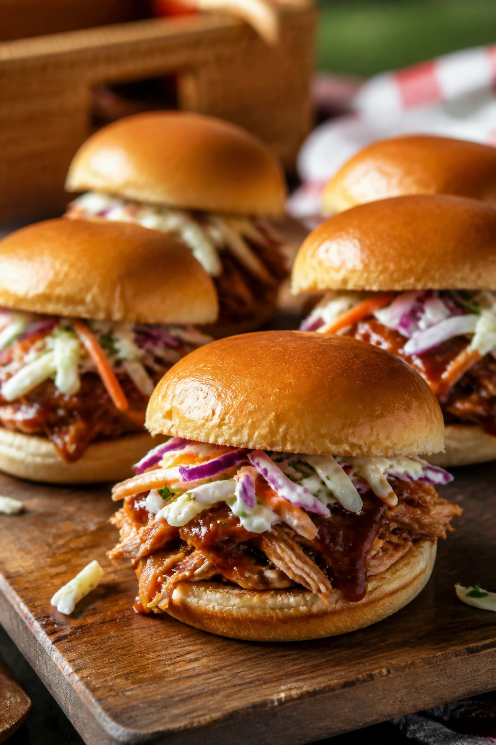 Close-up of BBQ chicken sliders with tangy slaw on a rustic board at a picnic