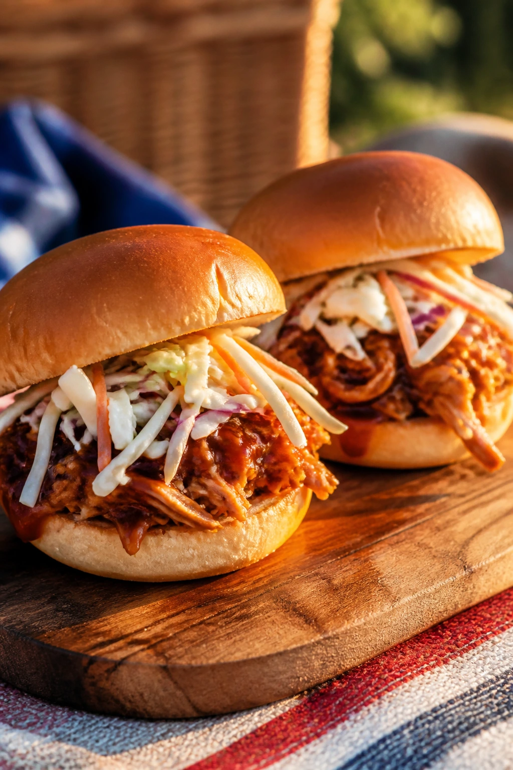 Close-up of BBQ chicken sliders with vinegar slaw on a wooden board.