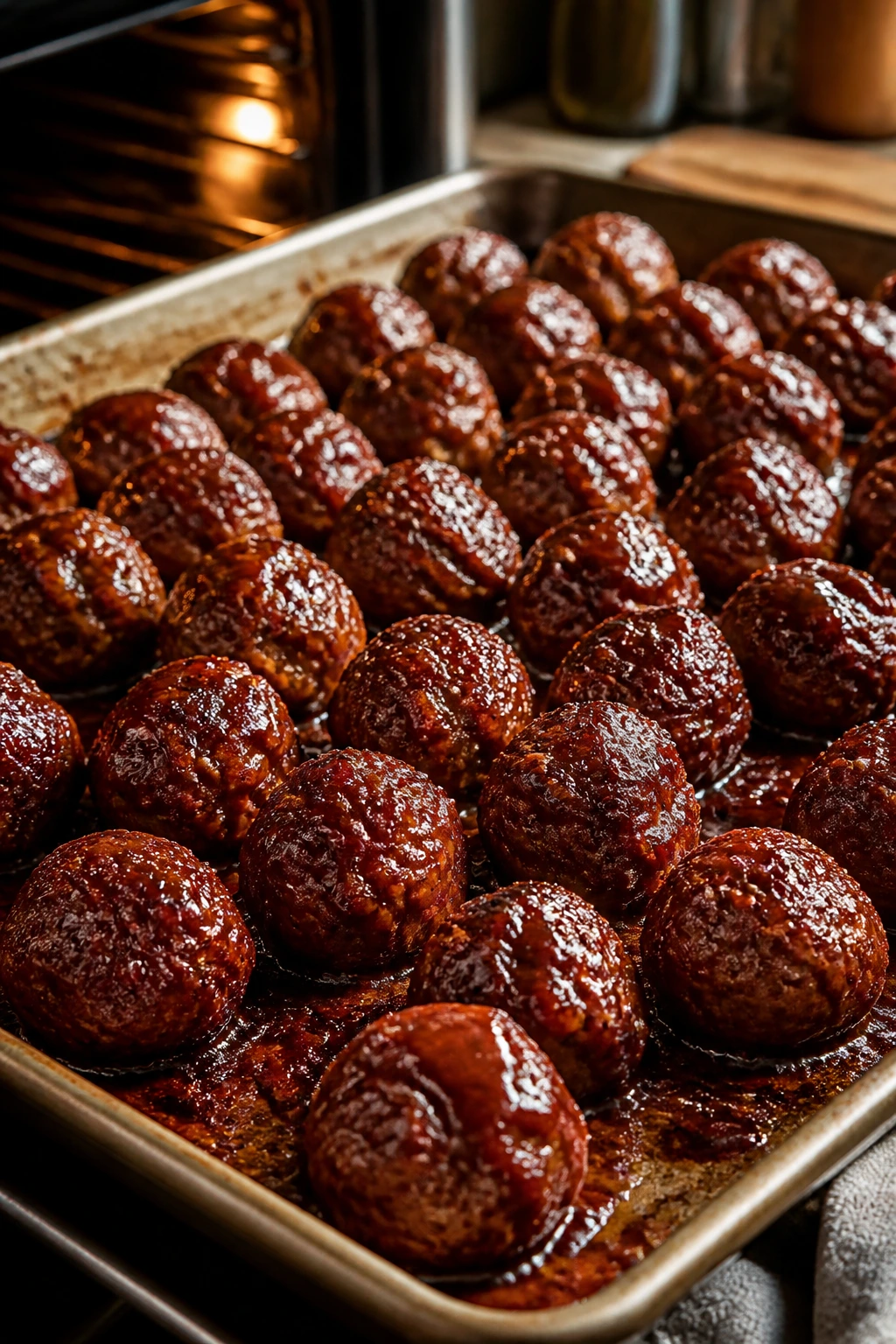 BBQ smoked paprika meatballs with glossy sauce on sheet pan.