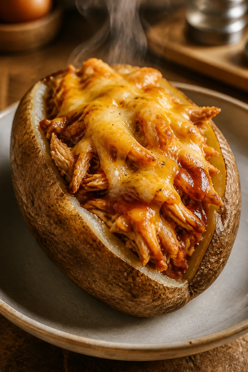 Stuffed russet potato with BBQ chicken and cheese on a plate