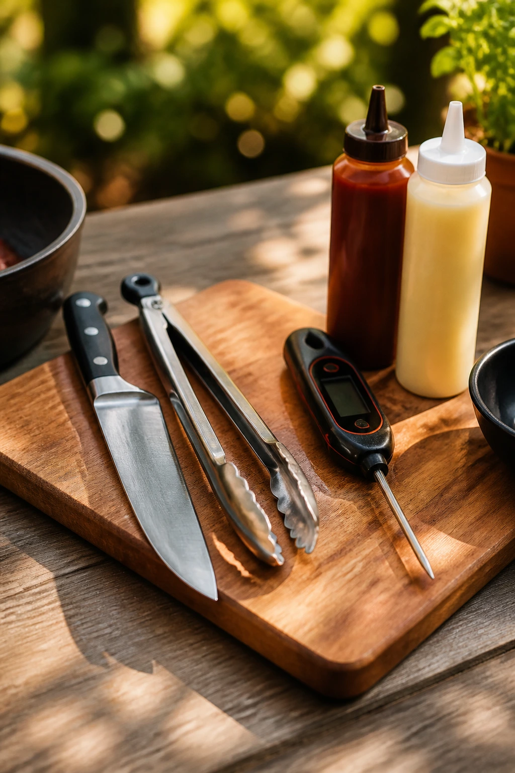 Close-up of organized BBQ tools on wooden board outdoors