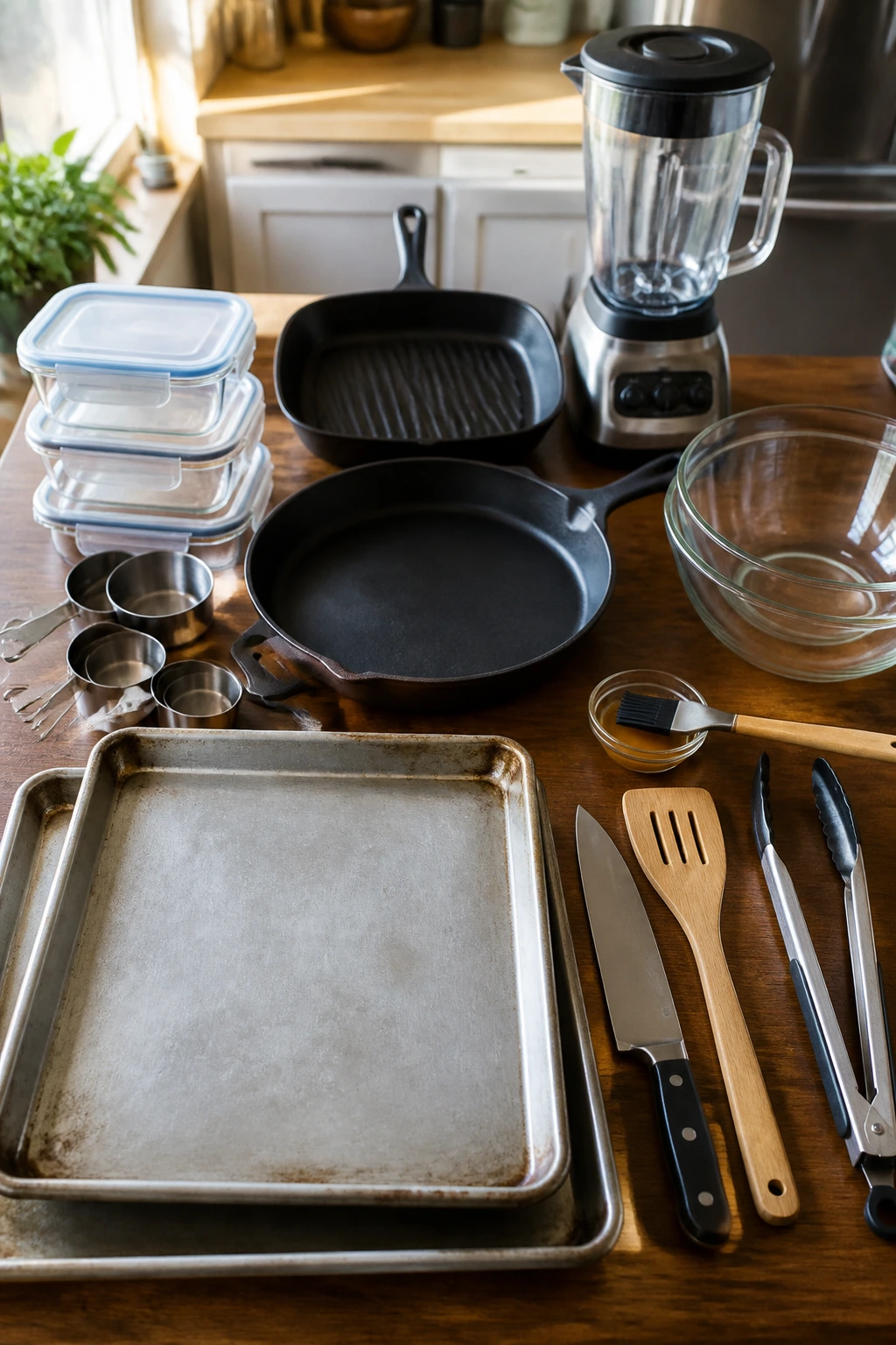 Top-down view of essential vegan BBQ tools on a kitchen counter