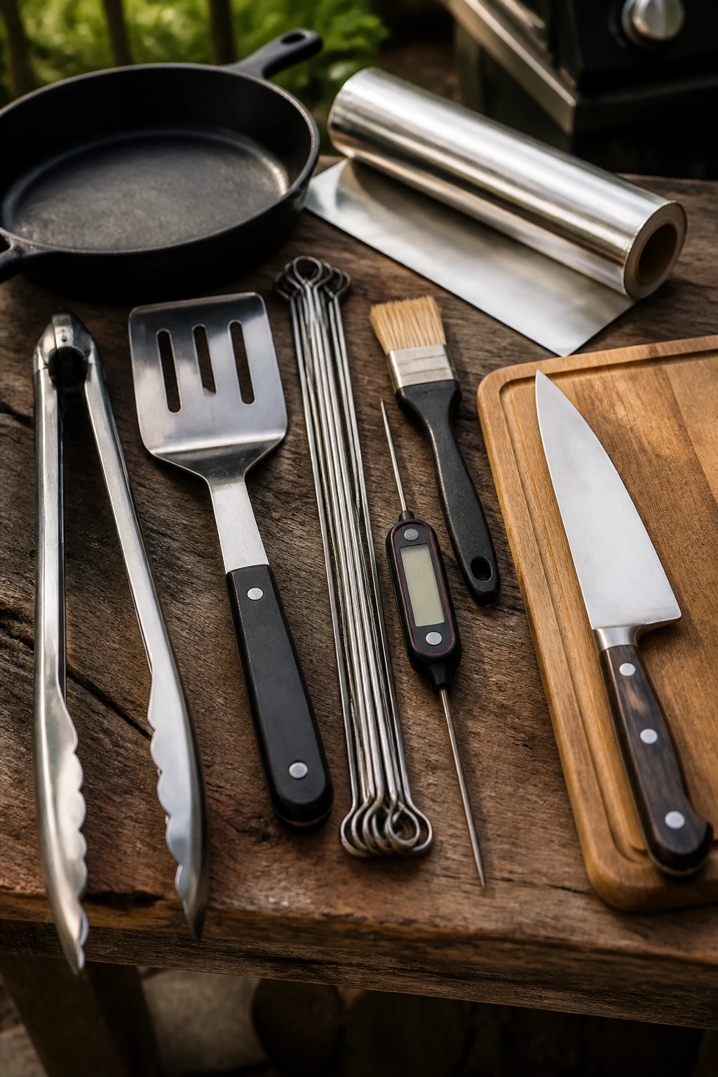 Set of essential BBQ tools including tongs and spatula.