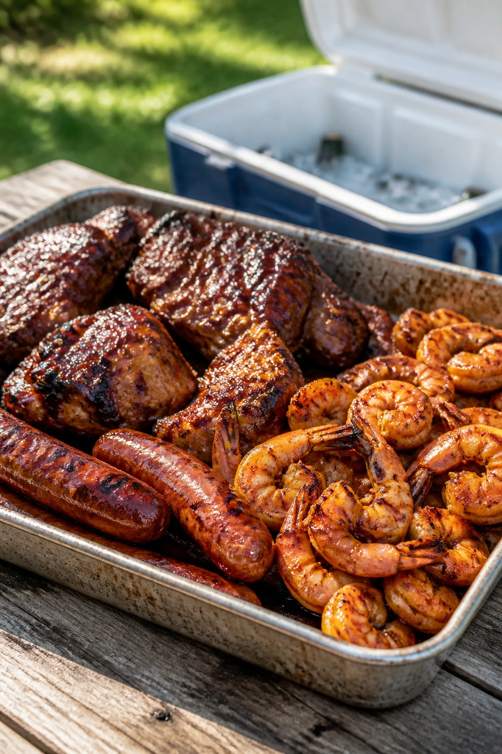 Close-up of a stainless steel tray overflowing with BBQ chicken, shrimp, and sausages pulled from a cooler in a sunny backyard