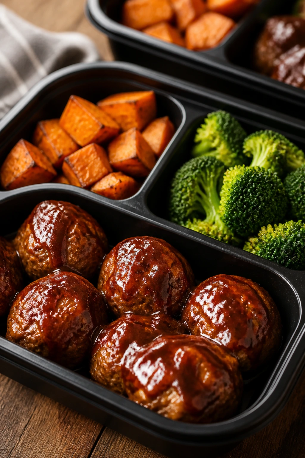 Close-up of BBQ Turkey Meatball Boxes with meatballs, sweet potatoes and broccoli
