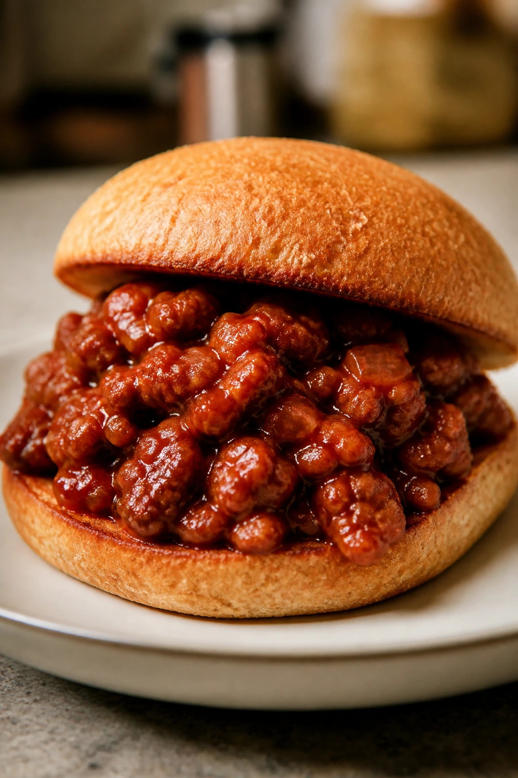 Toasted bun with smoky turkey sloppy joe filling and glossy sauce