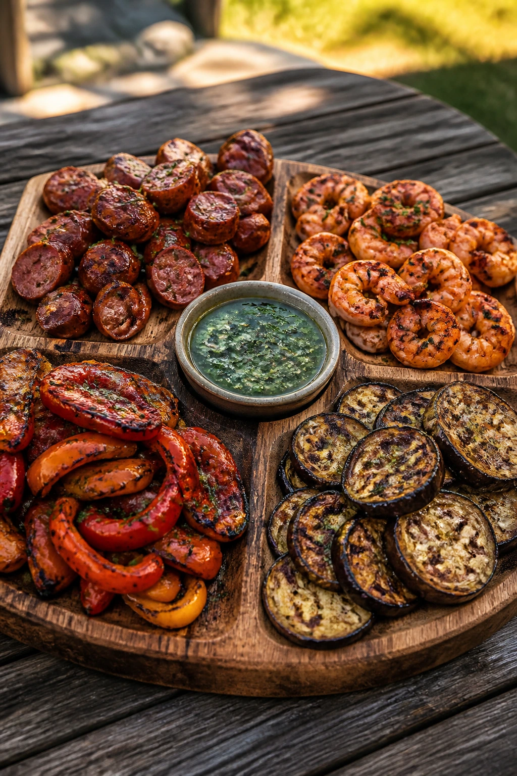 Rustic board with varied smoky bites arranged outdoors.