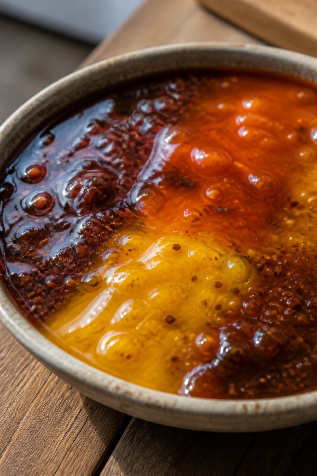 Glossy BBQ sauce in a shallow dish showing variation textures