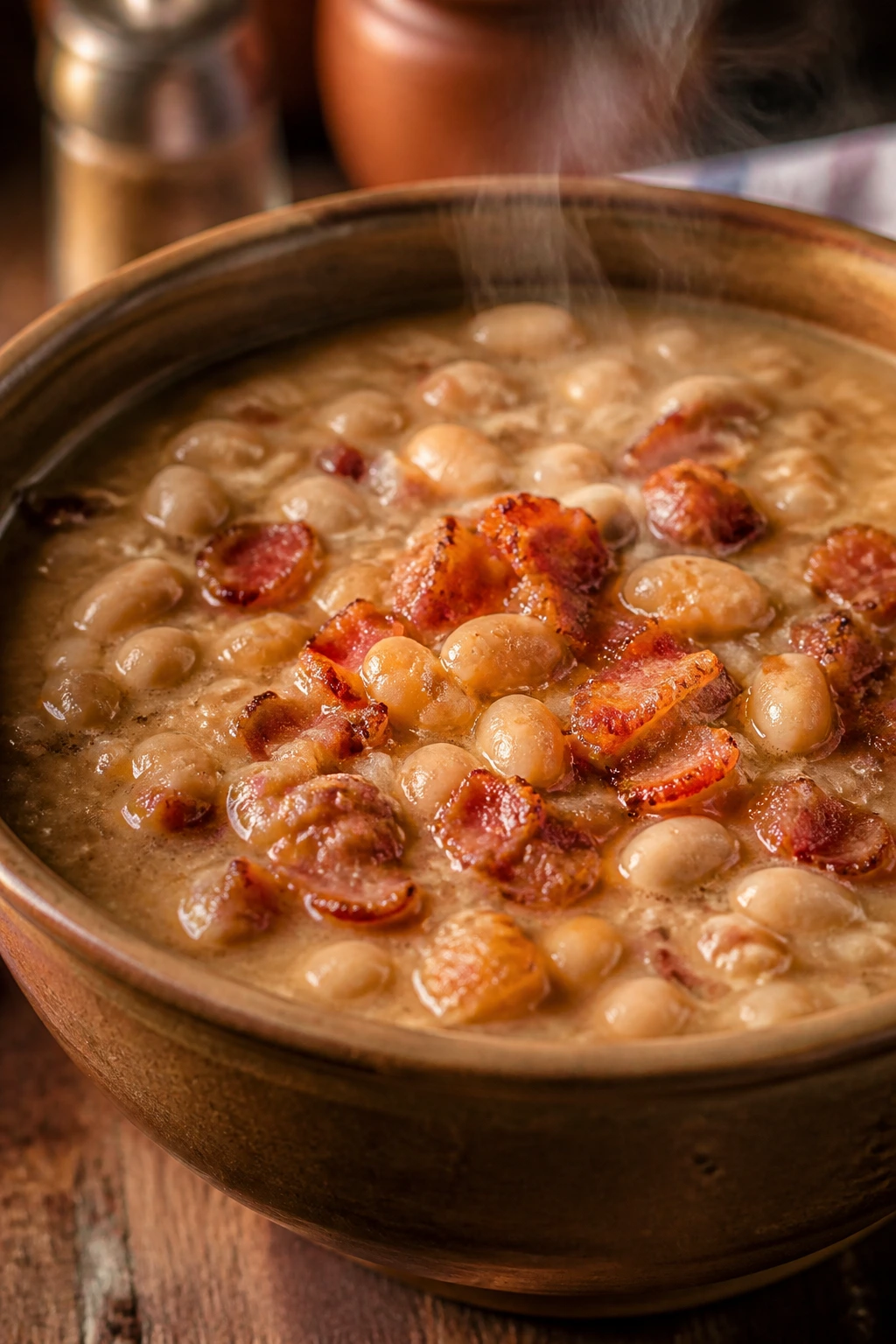 Close-up of bean and bacon soup in a rustic kitchen, thick navy bean broth with crispy bacon.