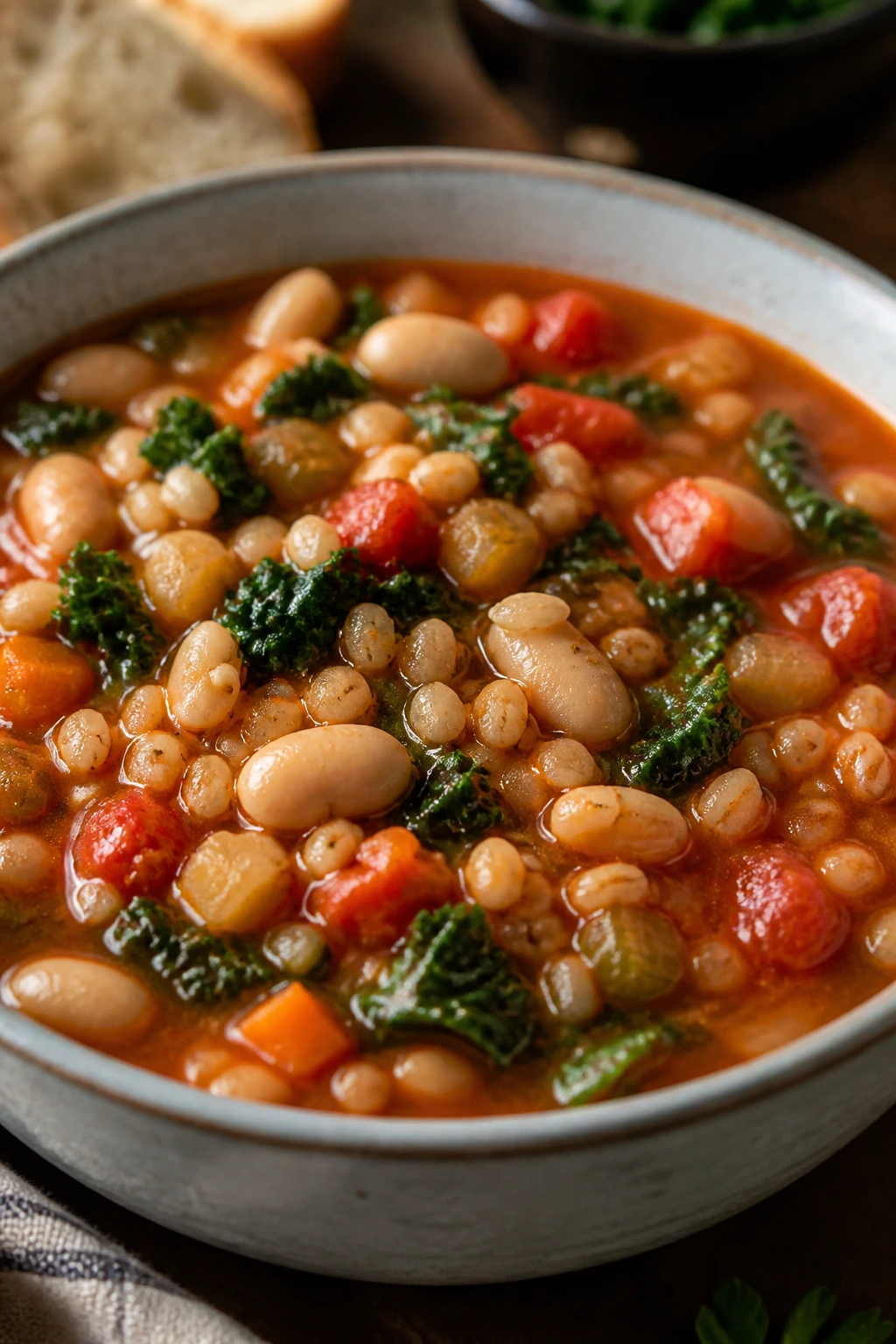 Hearty bean and barley minestrone in a rustic bowl