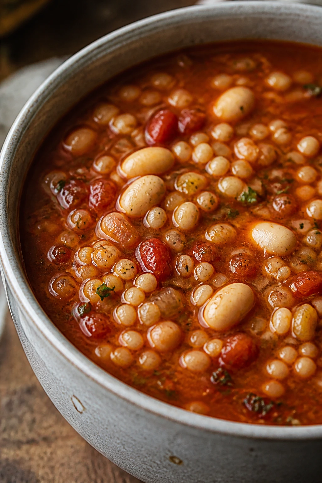 Thick bean barley tomato soup in a rustic kitchen setting