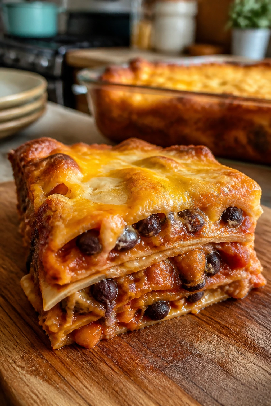Slice of cheesy bean burrito bake showing layered beans and cheese