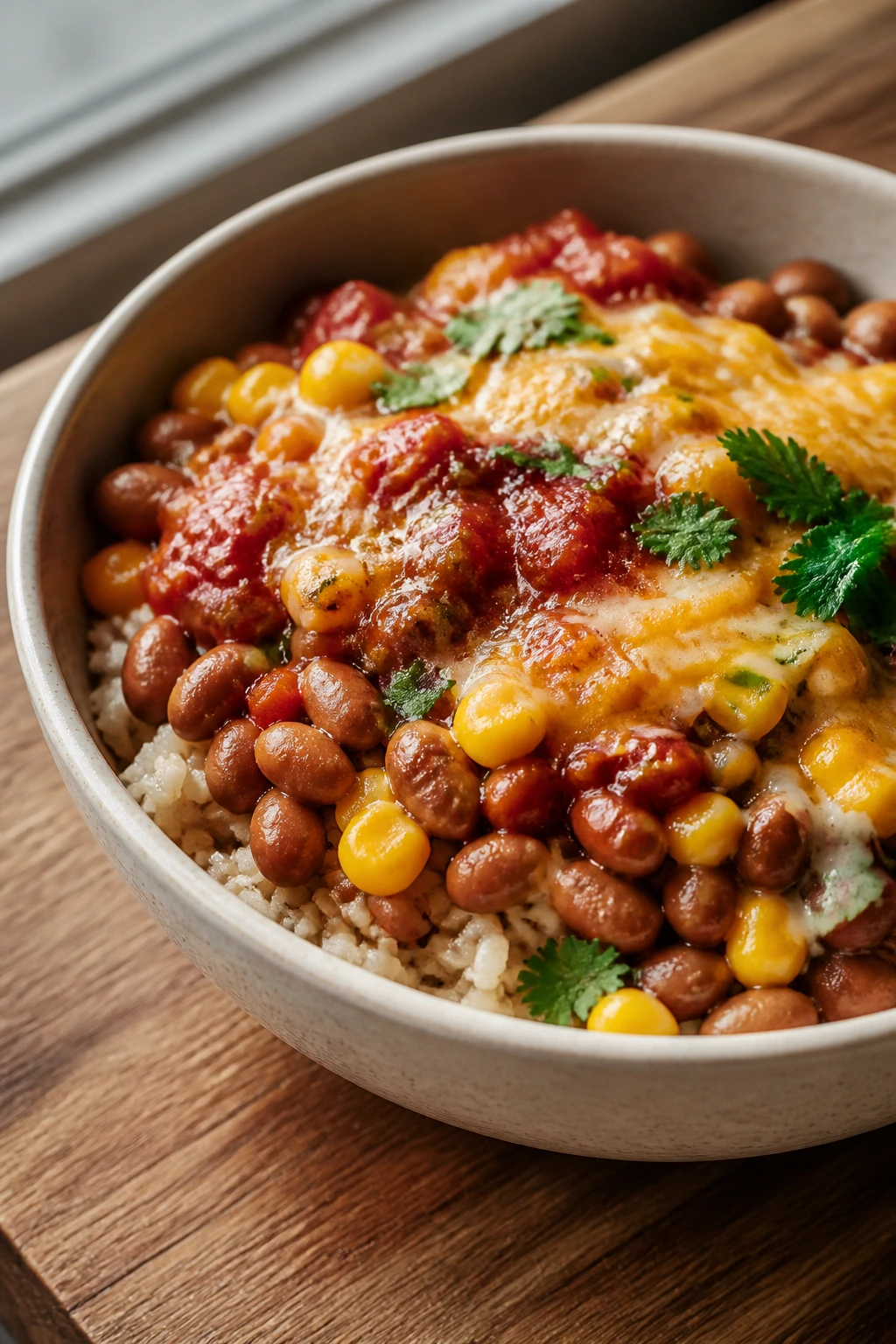 Bean burrito bowl with rice, beans, corn, salsa and cheese.