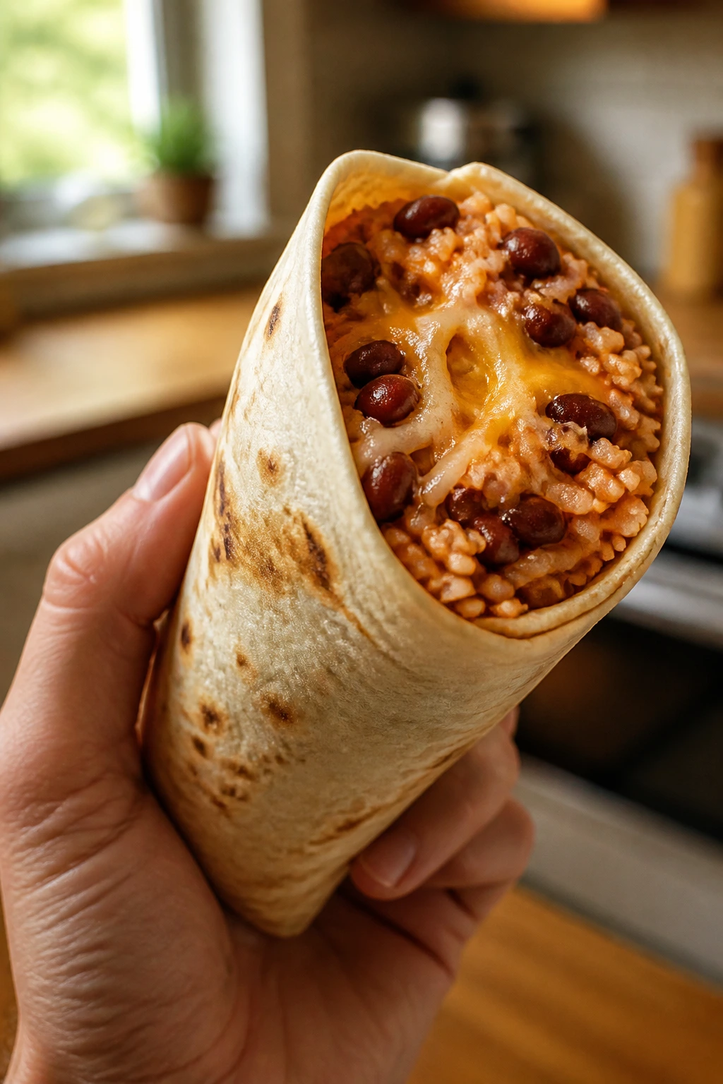Close-up of a compact bean and cheese burrito held in a hand