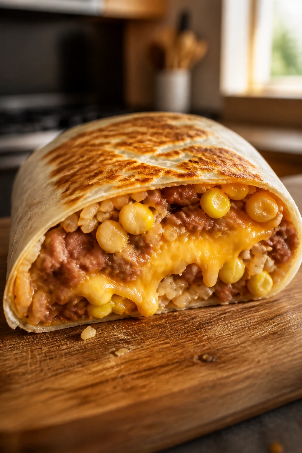 Close-up of sliced Cheesy Bean Burrito with beans, rice, corn and cheddar on a wooden board
