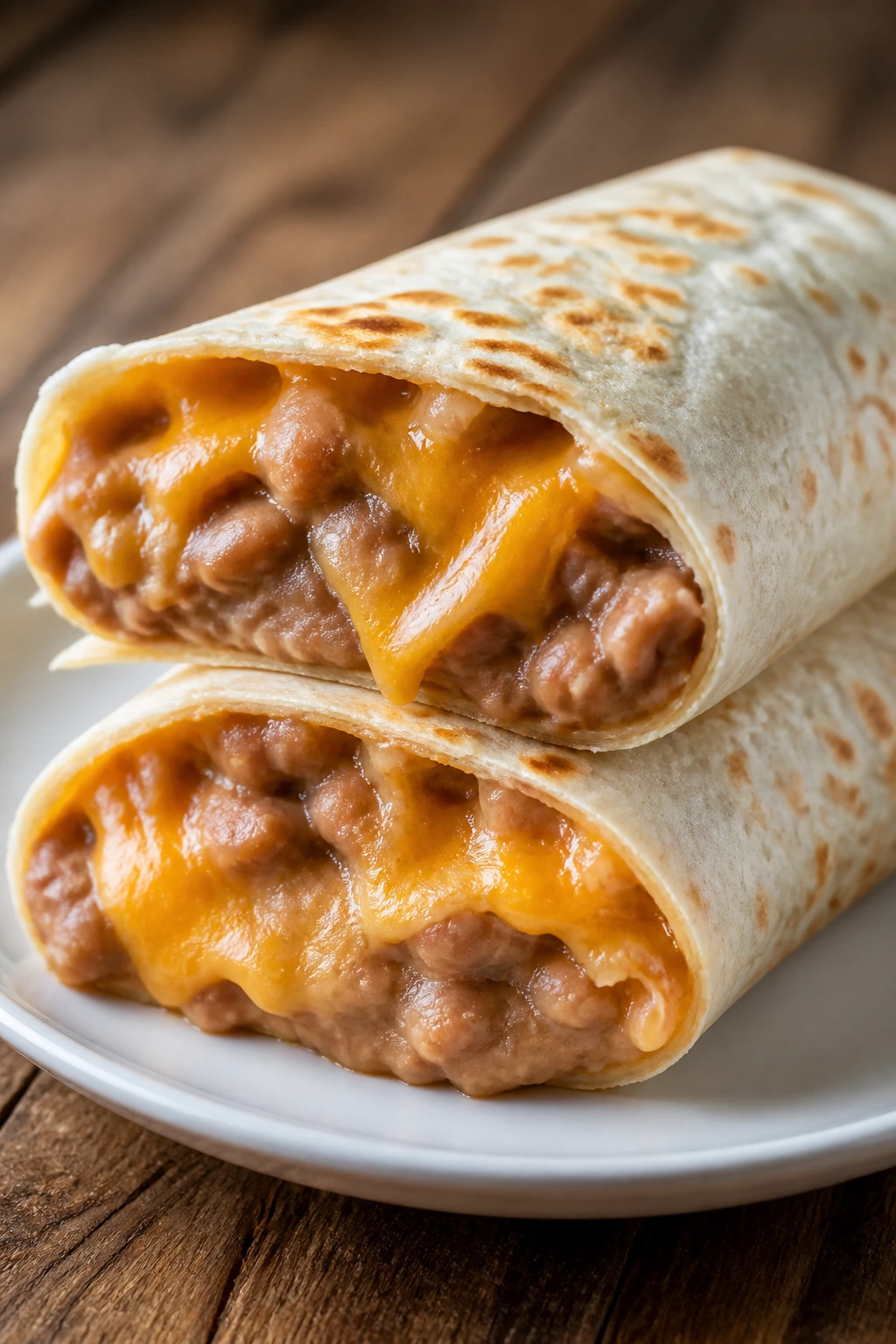 Close-up of a bean and cheese burrito sliced to show filling