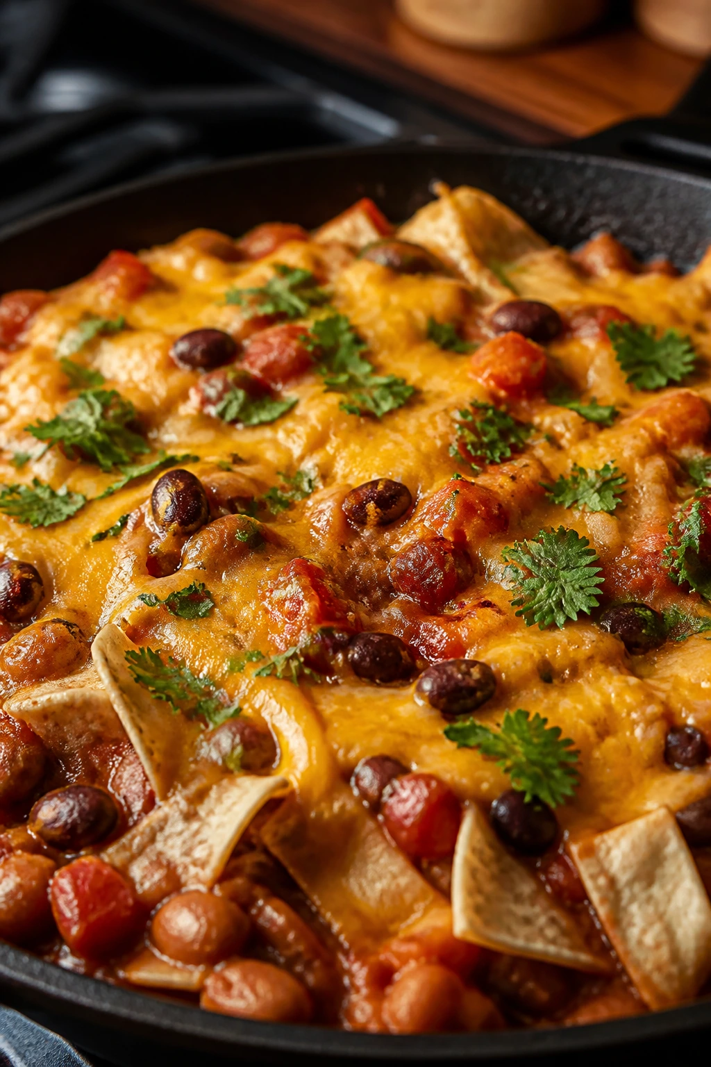 Close-up of a cheesy bean burrito skillet with beans and cheese