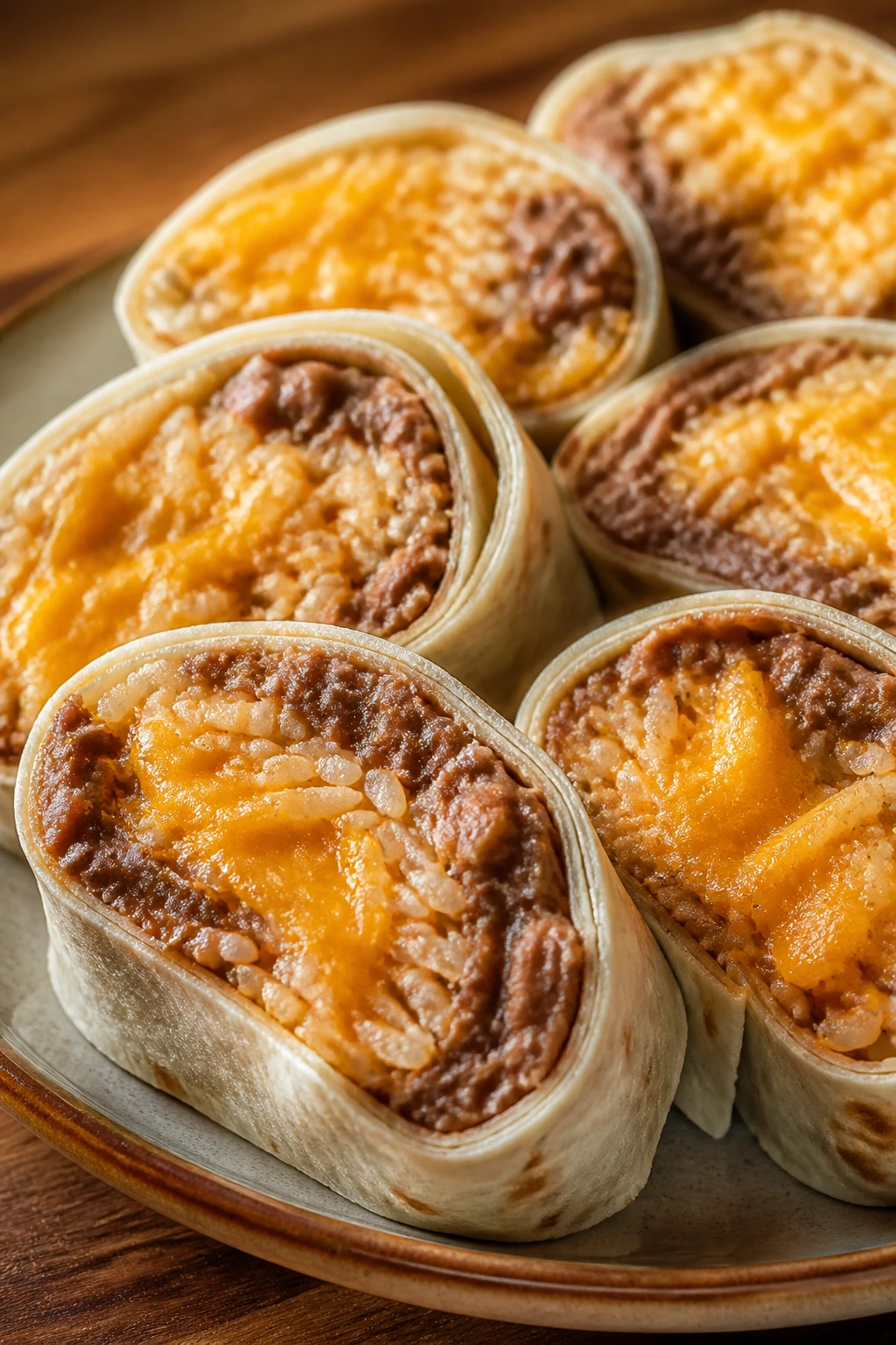 Close-up of burrito slices showing bean and cheese filling on a plate