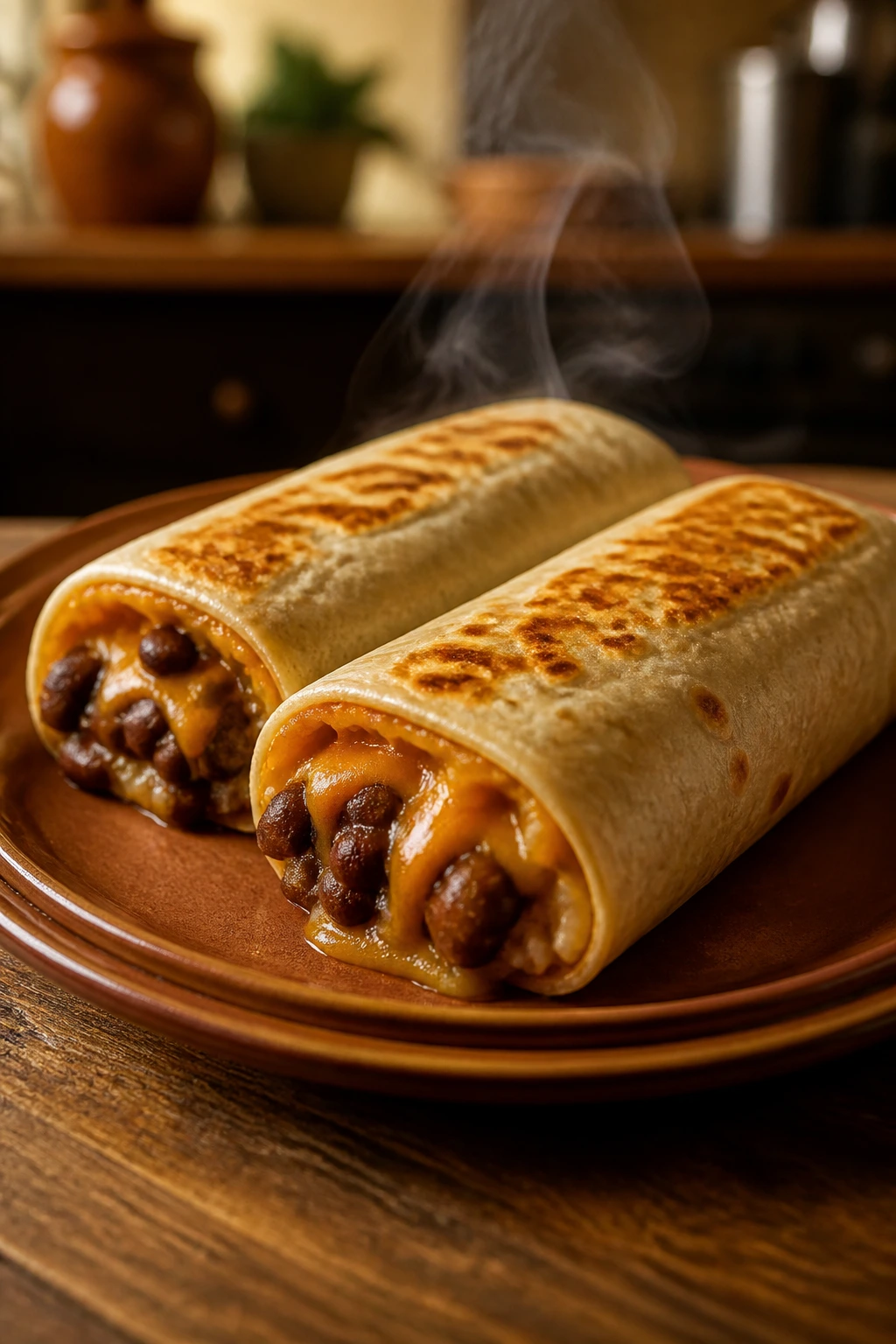 Two bean and cheese burritos on a plate with cheese melted at the seam