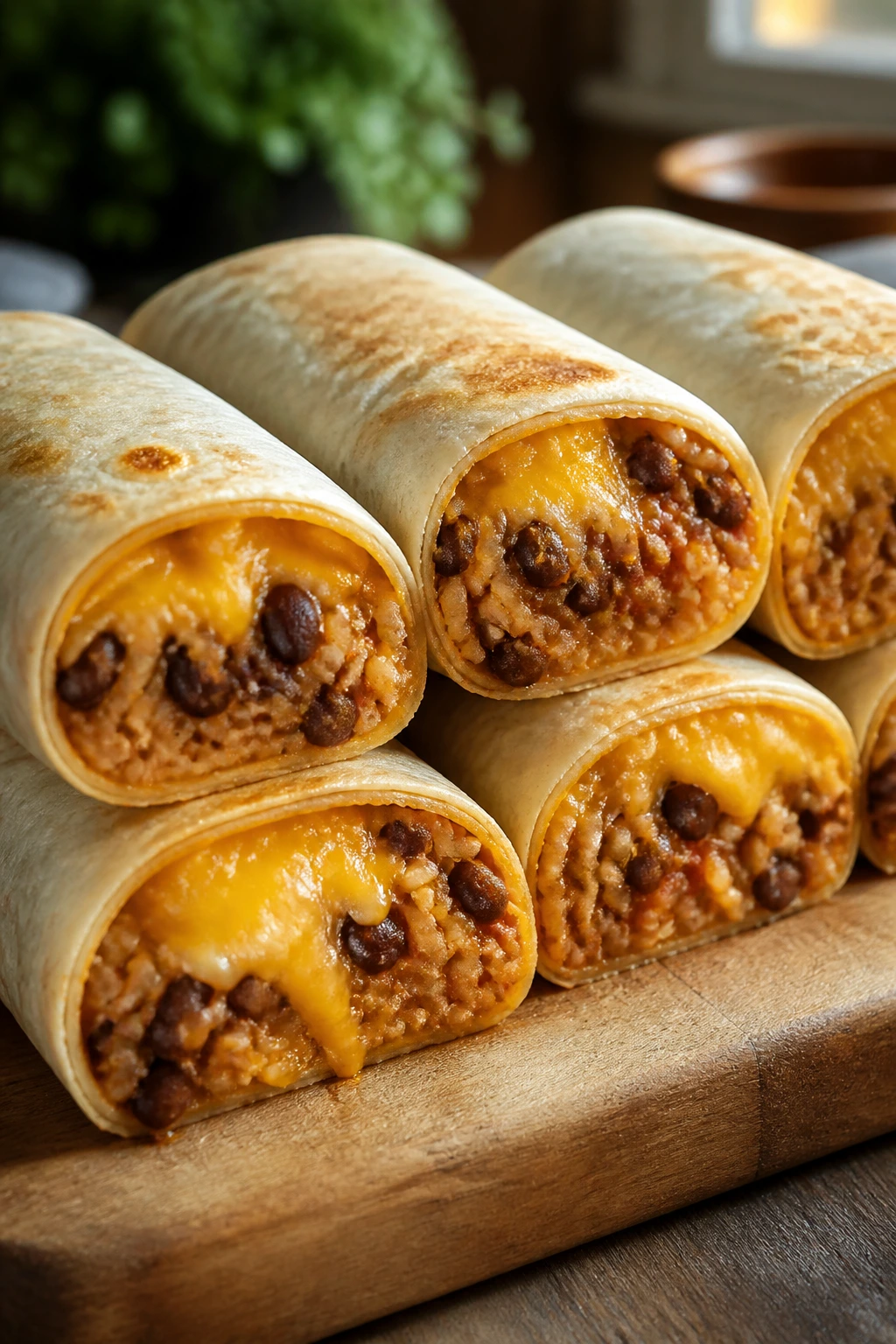 Row of cheesy bean and rice burritos on wooden board showing filling.