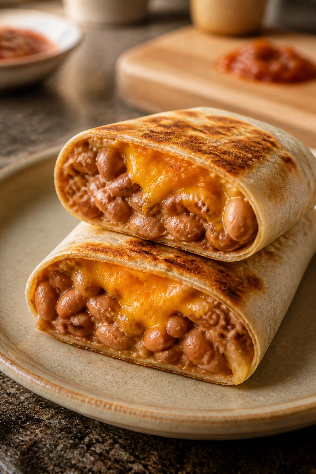Bean and cheese burrito sliced open on a plate