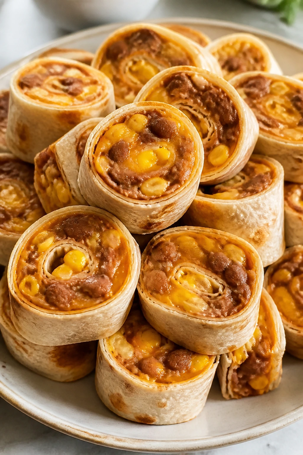 Close-up of bean and cheese burrito bites on a plate