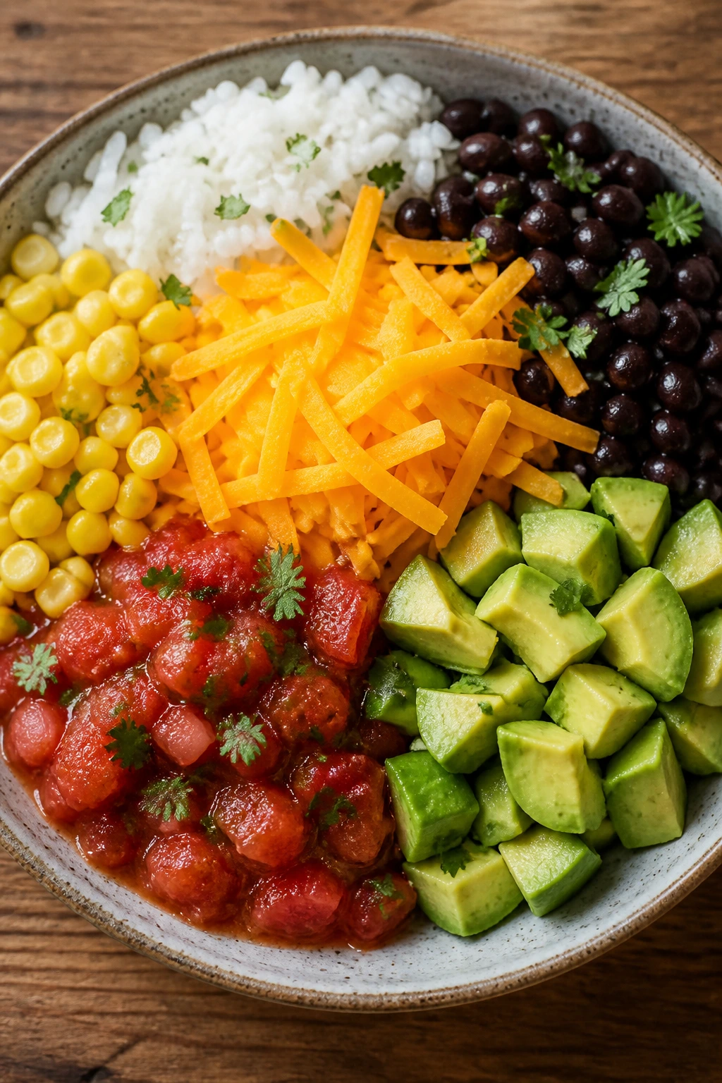 Colorful bean and cheese burrito bowl with rice, beans, corn, salsa, and avocado