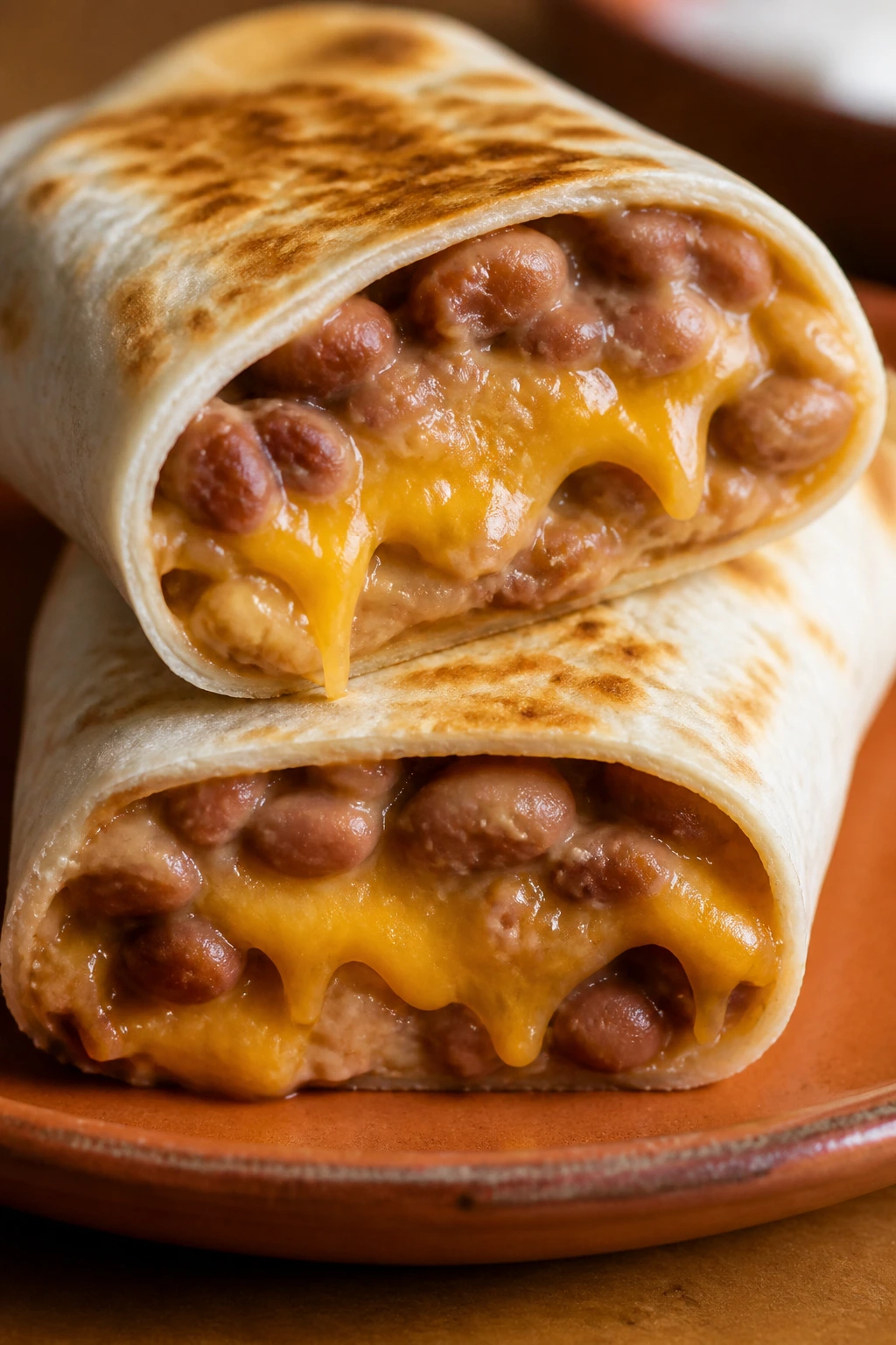 Cross-section of a bean and cheese burrito on plate