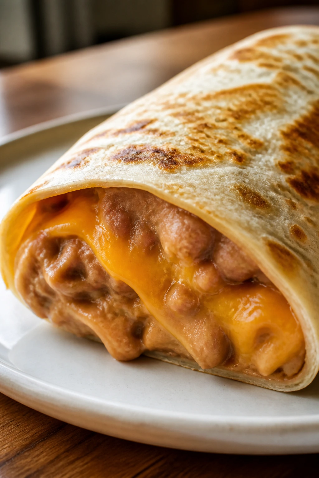 Cross-section of bean and cheese burrito showing beans and cheddar