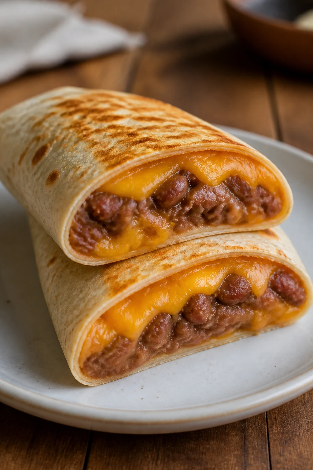 Close-up of a bean and cheese burrito wrap cut in half showing beans and melted cheese.