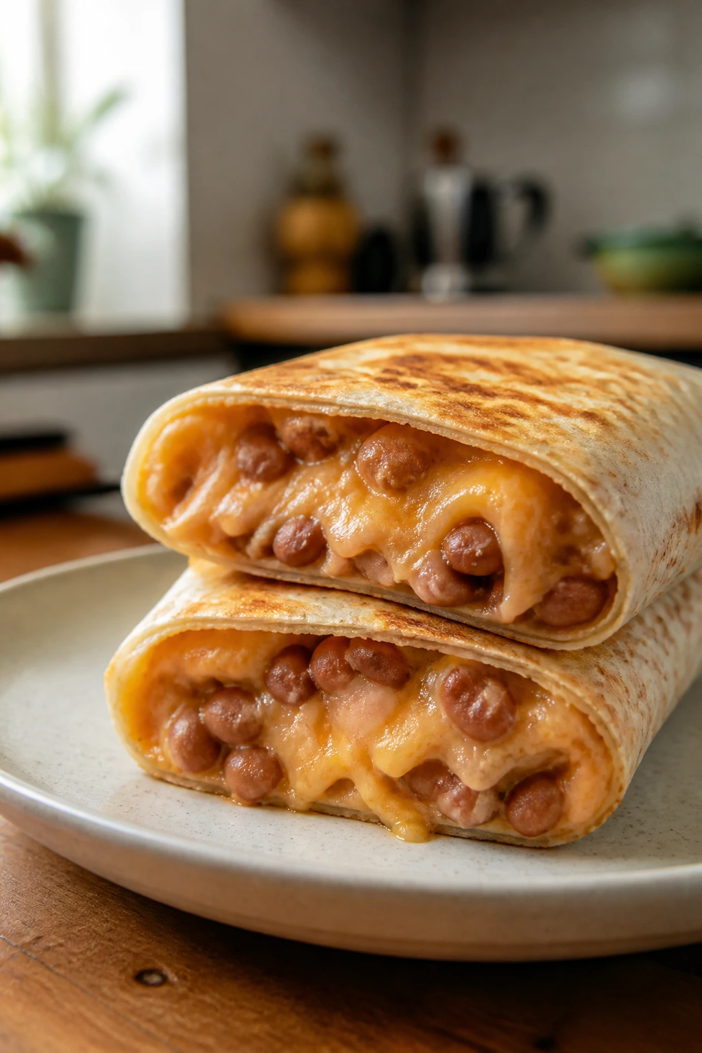 Close-up of a bean and cheese burrito cut in half on a plate