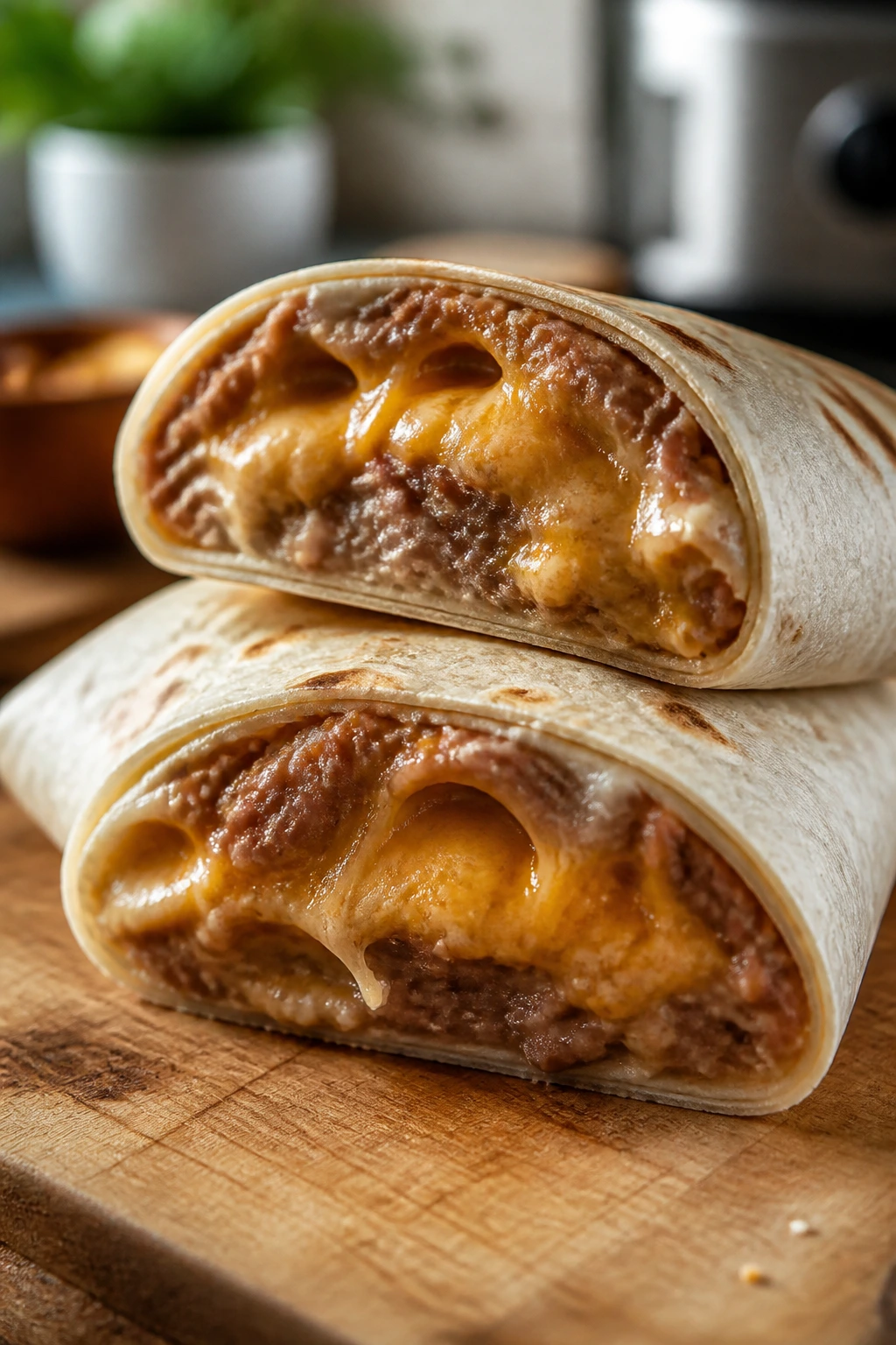 Bean and cheese burrito cut in half with visible filling on a wooden surface