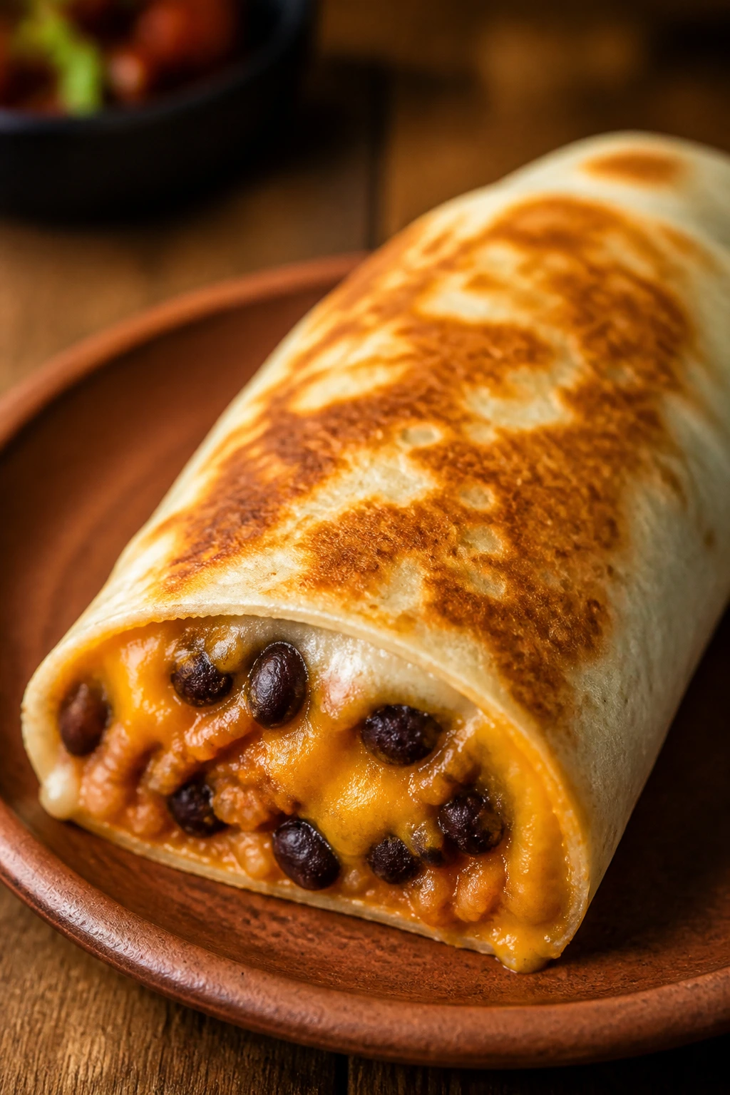 Toasted bean and cheese burrito on rustic plate