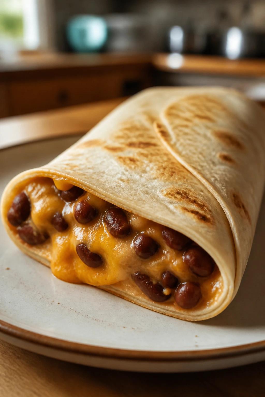 Rolled burrito with beans and melted cheese on plate in kitchen