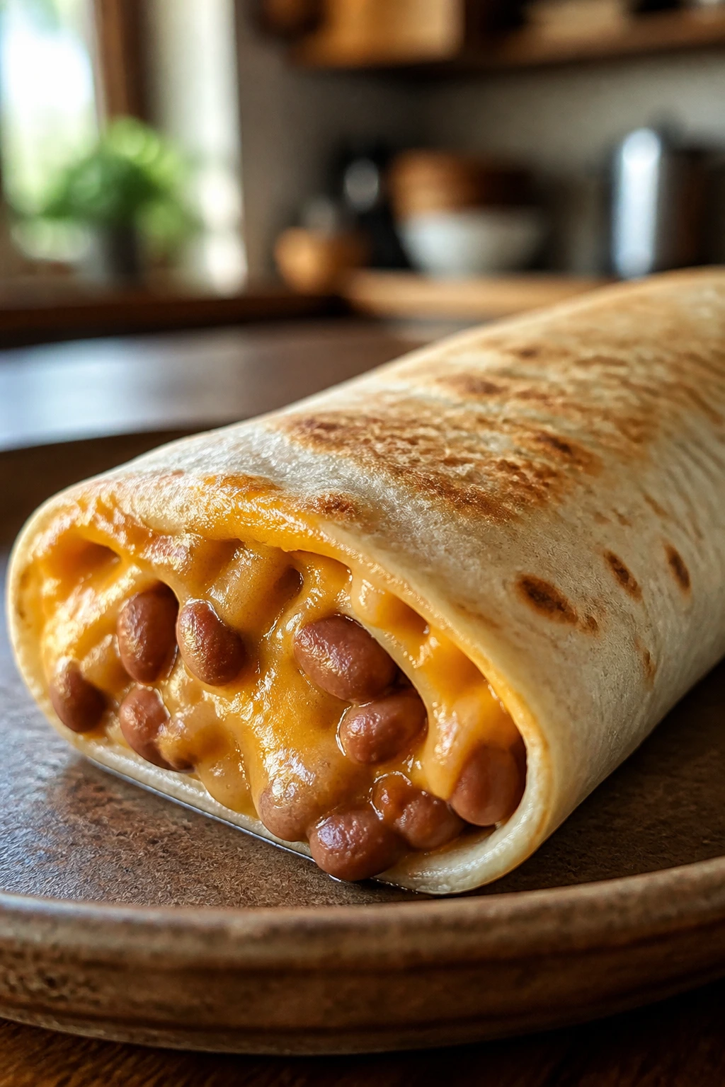 Close-up of a bean and cheese burrito on a plate