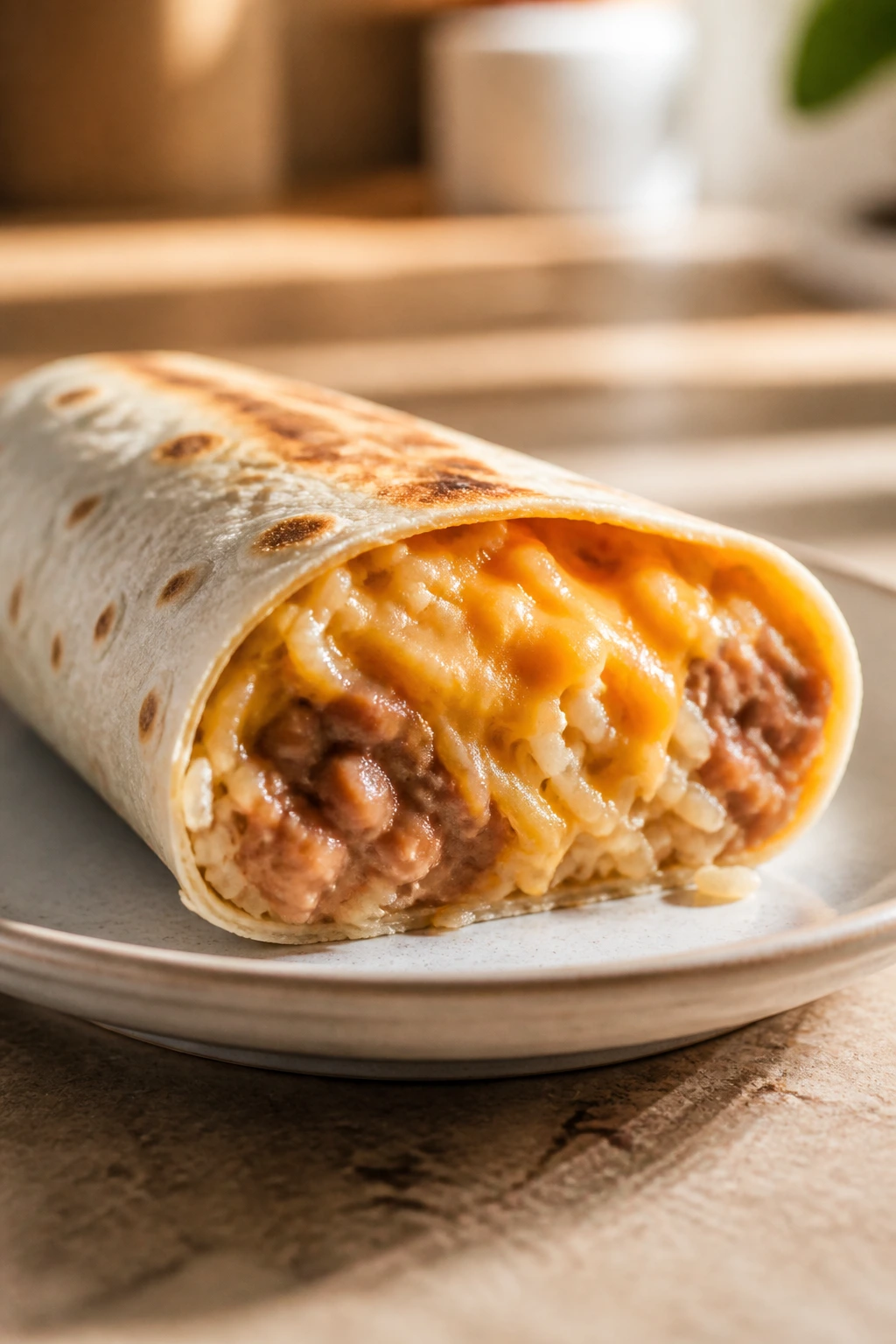 Cross-section of a bean and cheese burrito showing beans, cheese, and rice inside.