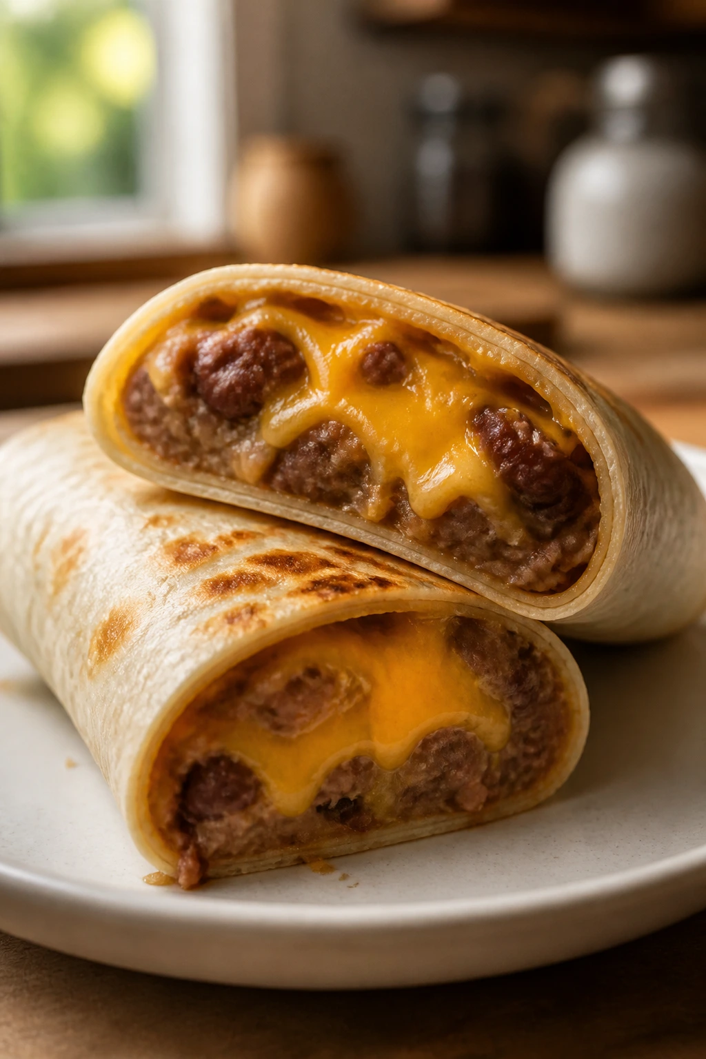 Bean and cheese burrito cut in half showing beans and melted cheddar