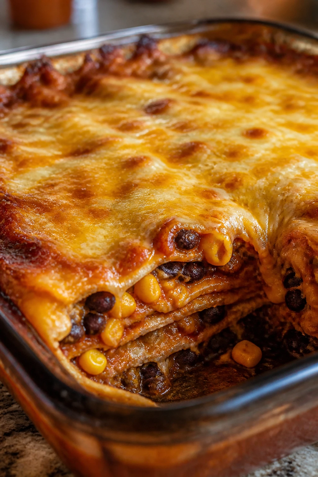 Layered bean and cheese enchilada casserole in pan in kitchen