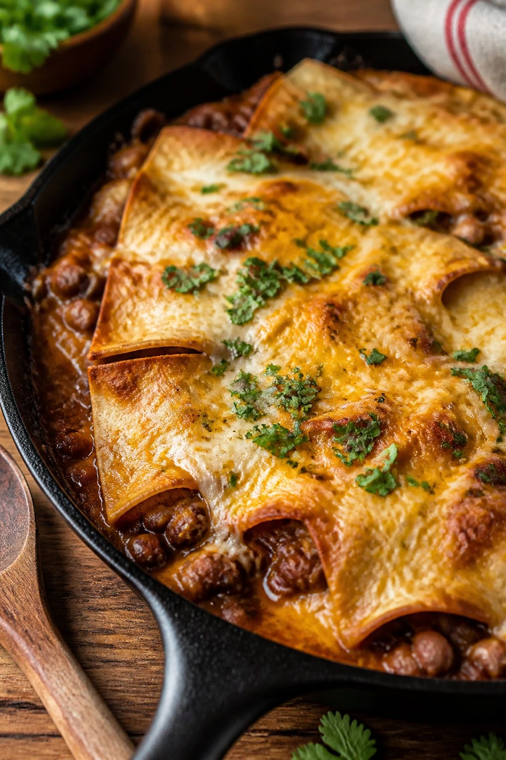 Close-up of a bean and cheese enchilada skillet in a cast-iron pan