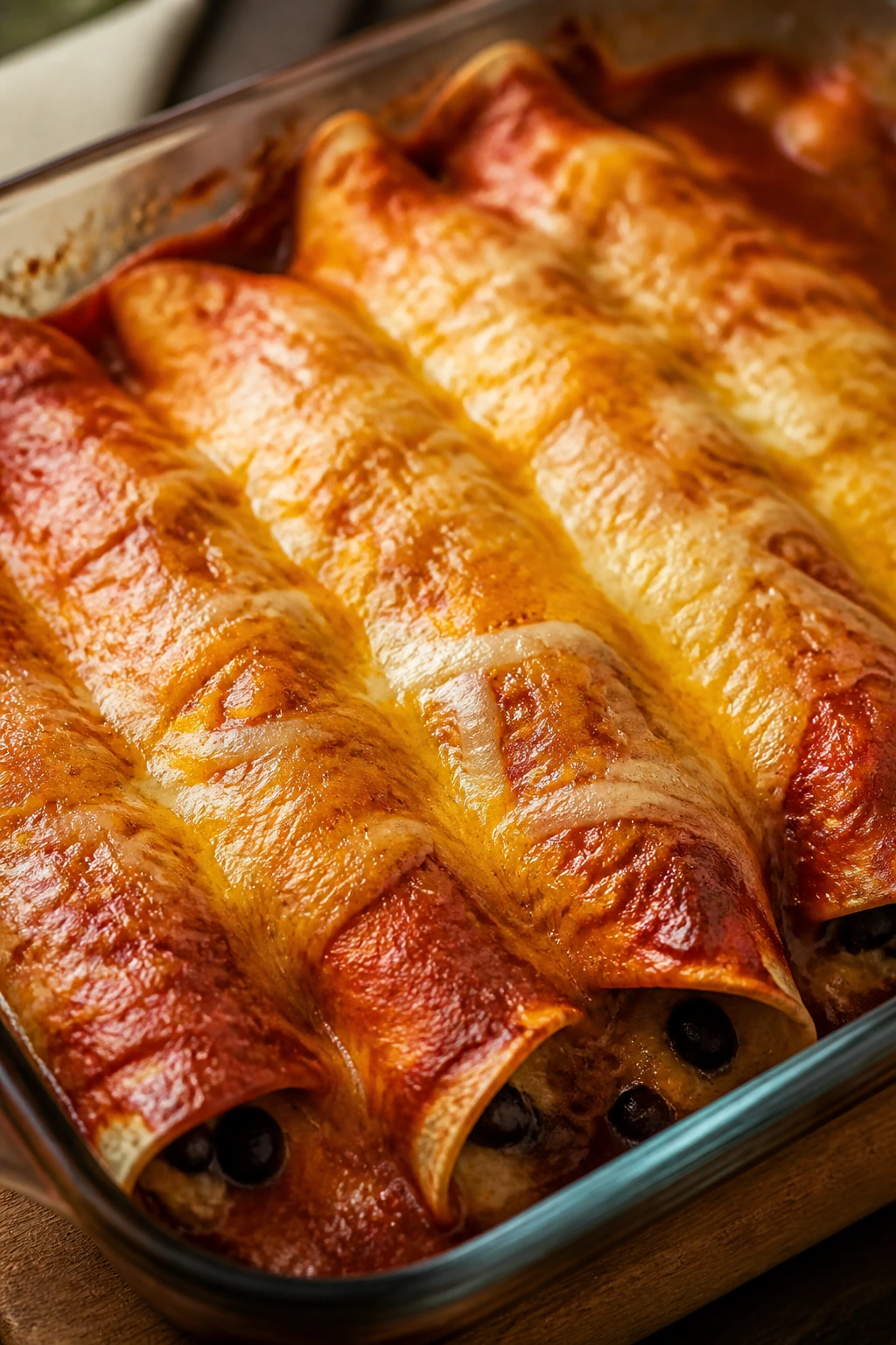 Enchiladas with beans and cheese topped with melted cheese in a baking dish